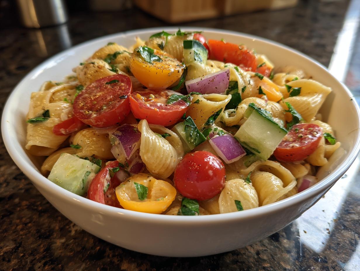 A vibrant bowl of Memorial Day Pasta Salad with tomatoes, cucumbers, and onions.