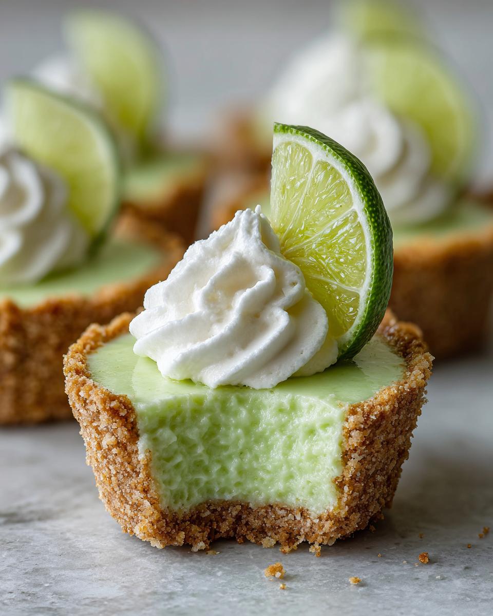 Close-up of a mini Key Lime Pie with a bite taken out, topped with whipped cream and a lime slice.