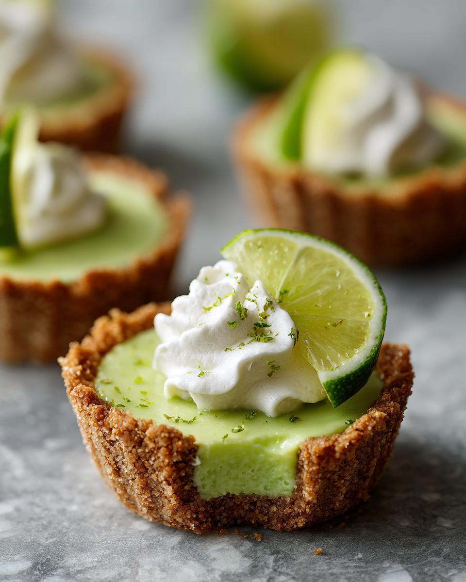 Close-up of a mini Key Lime Pie topped with whipped cream and a lime slice.