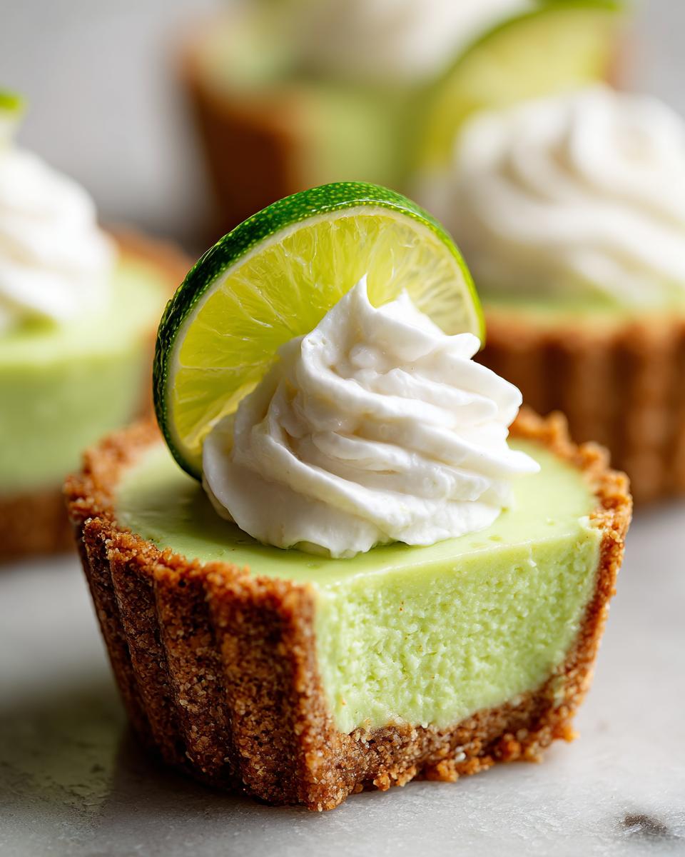 Close-up of a mini Key Lime Pie with whipped cream and lime slice garnish. Perfect no-bake dessert!