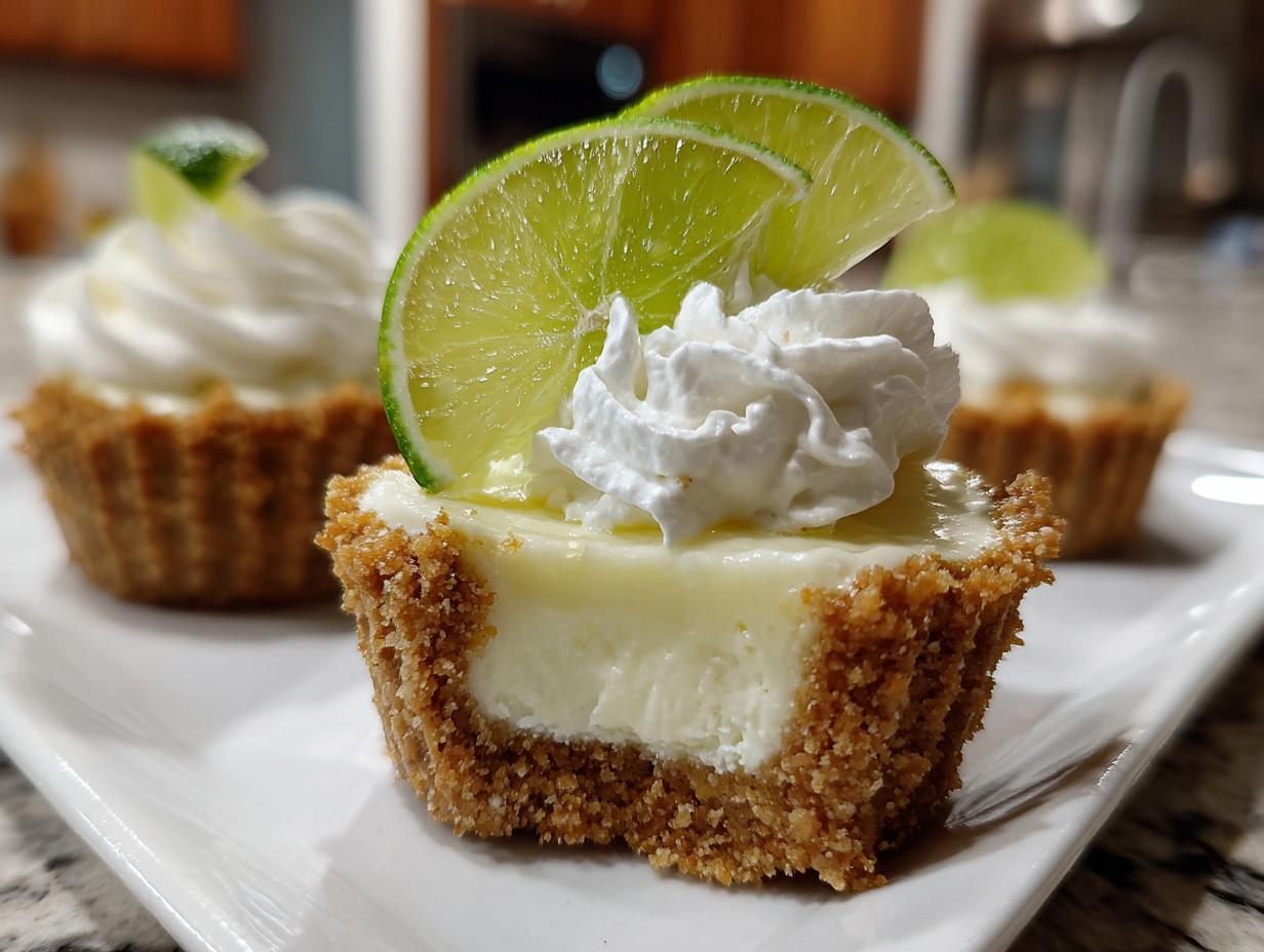 Close-up of a mini Key Lime Pie topped with whipped cream and lime slices.