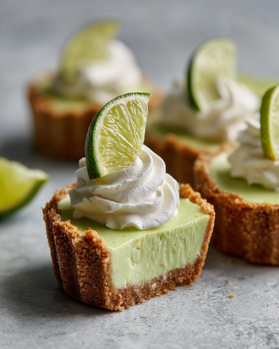 Close-up of mini Key Lime Pies topped with whipped cream and lime slices.