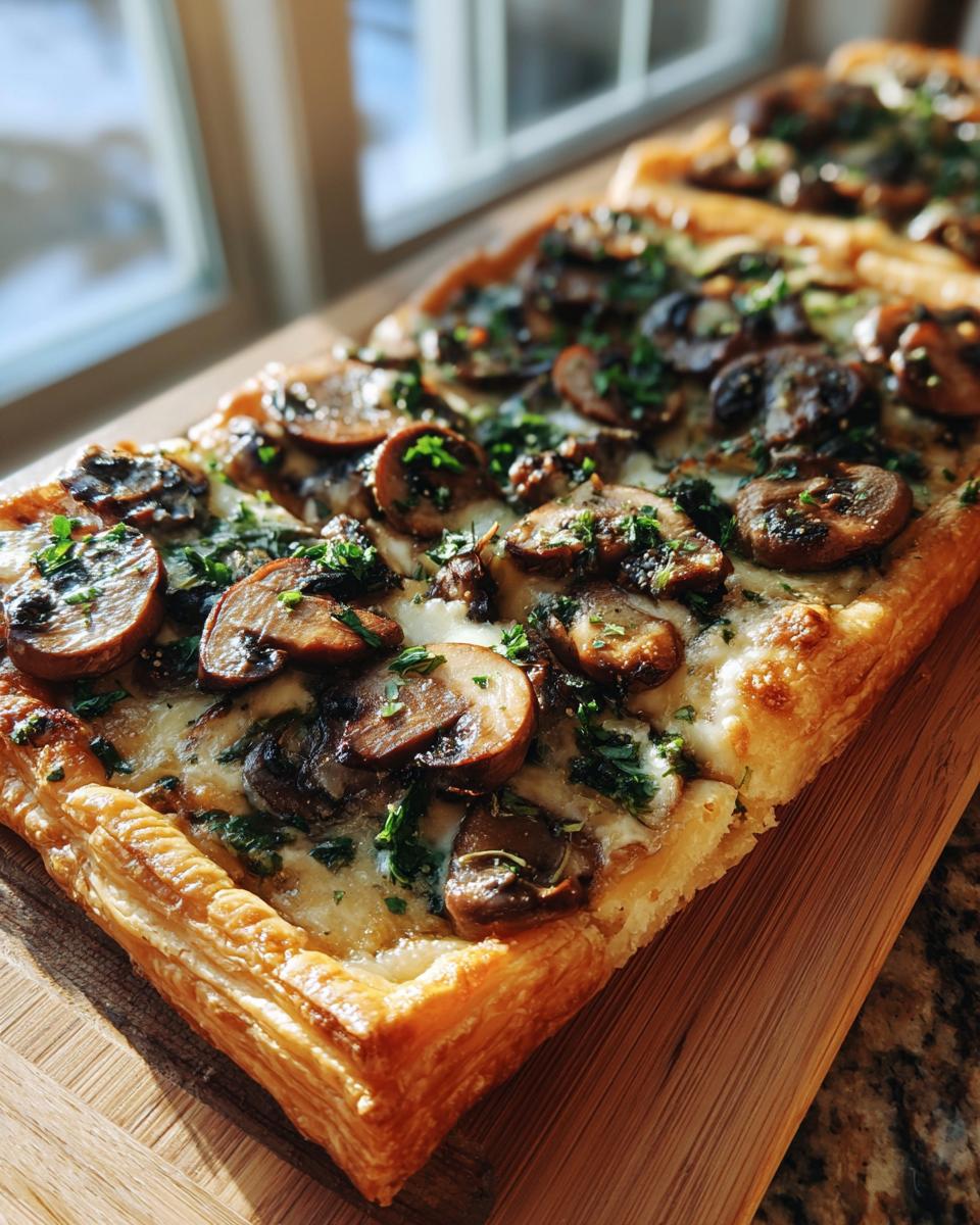 Close-up of a Mushroom & Gruyere Tart on a wooden board, with mushrooms and herbs.