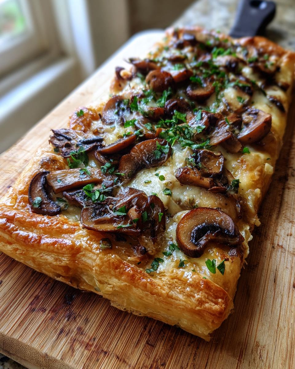 Overhead shot of a Mushroom & Gruyere Tart on a wooden board, garnished with fresh herbs.