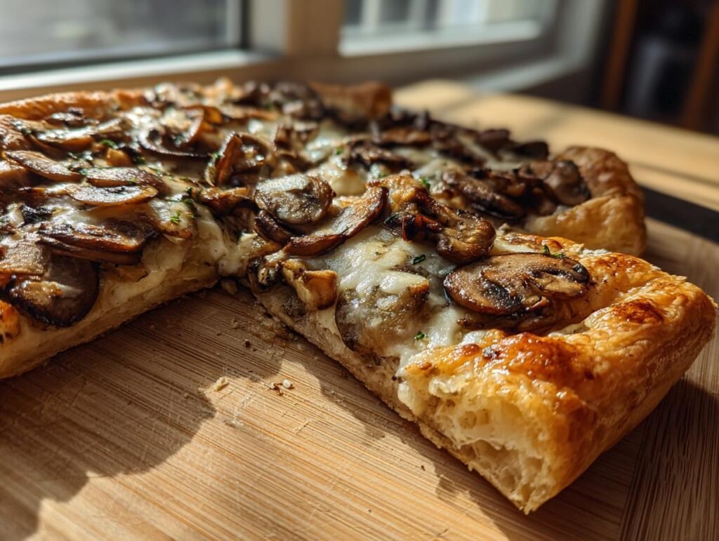 Close-up of a slice of Mushroom & Gruyere Tart, showing mushrooms, cheese, and flaky pastry crust on a wooden board.