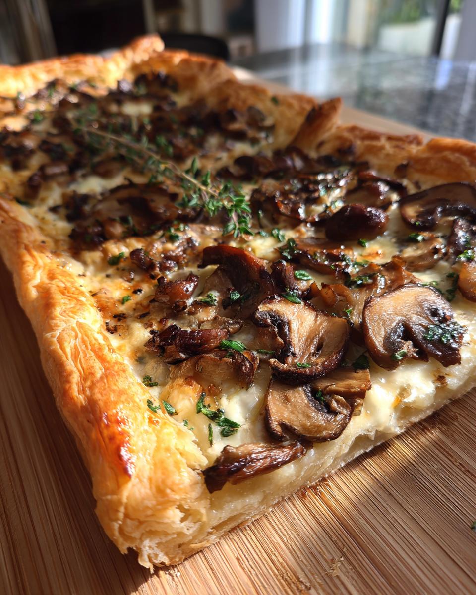 Close-up of a slice of Mushroom & Gruyere Tart with mushrooms, cheese, and herbs on a wooden board.
