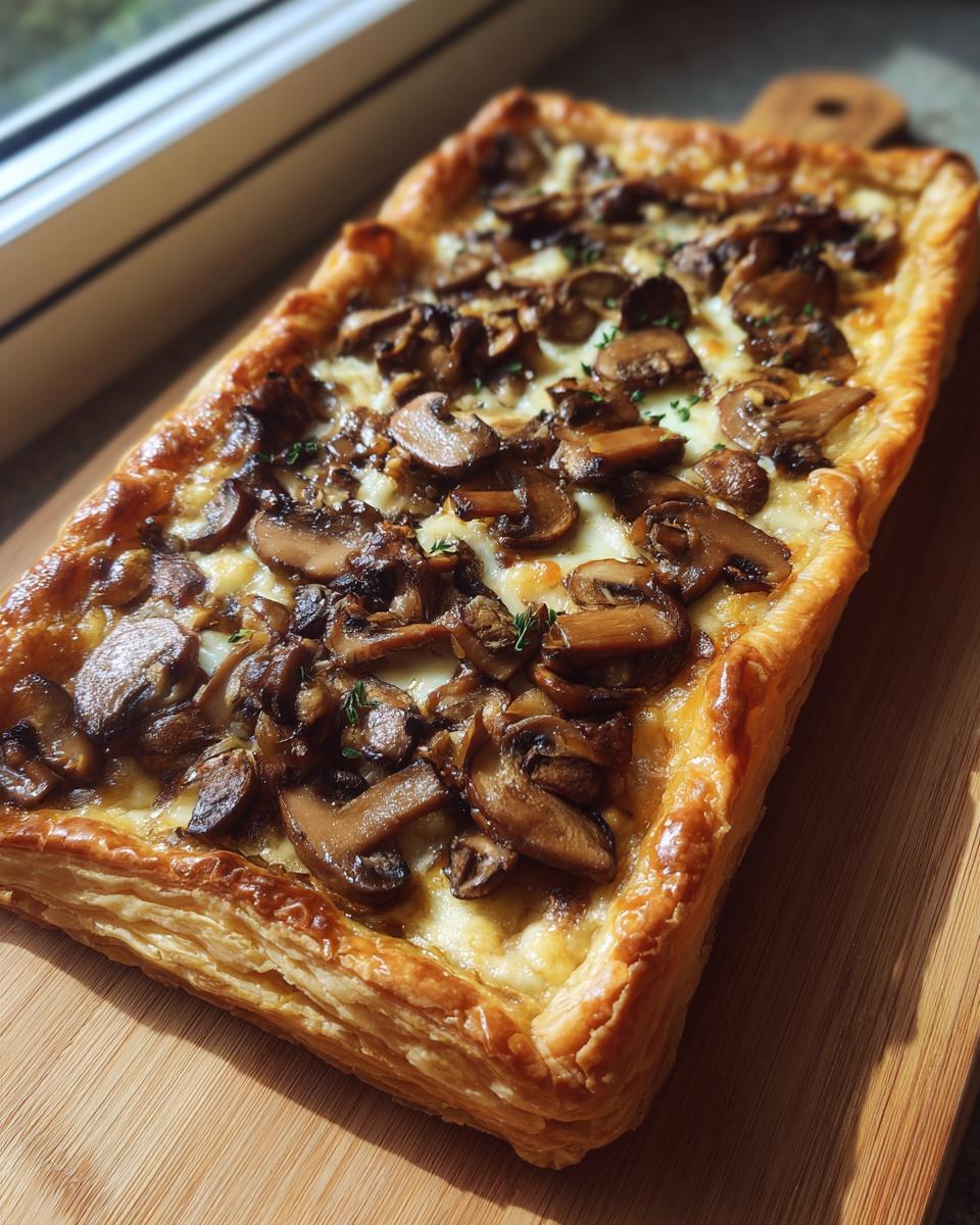 Overhead shot of a Mushroom & Gruyere Tart on a wooden board, with golden crust and mushrooms.