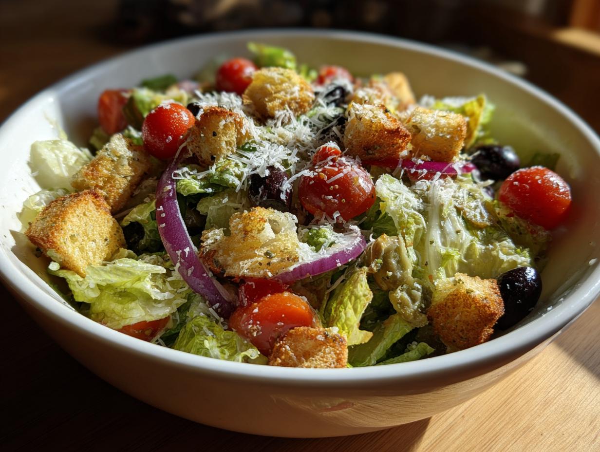 A vibrant Olive Garden Salad in a white bowl, with lettuce, tomatoes, croutons, olives, and red onion.