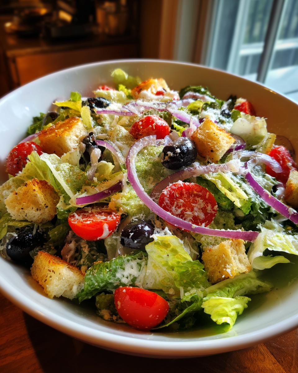 Close-up of a fresh Olive Garden Salad with tomatoes, olives, croutons, and red onion.