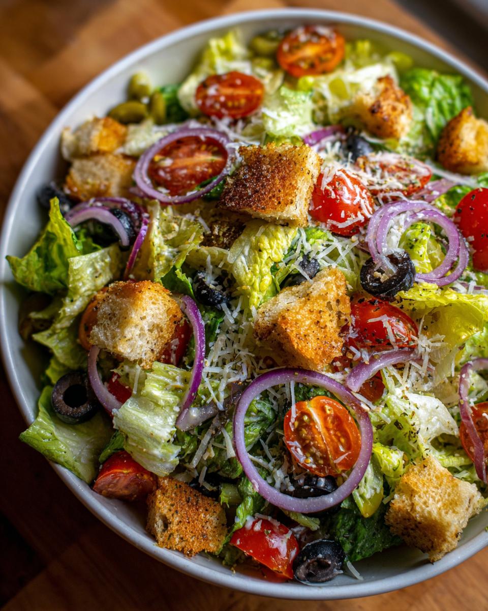 Close-up of a delicious Olive Garden Salad with lettuce, tomatoes, onions, olives, and croutons.