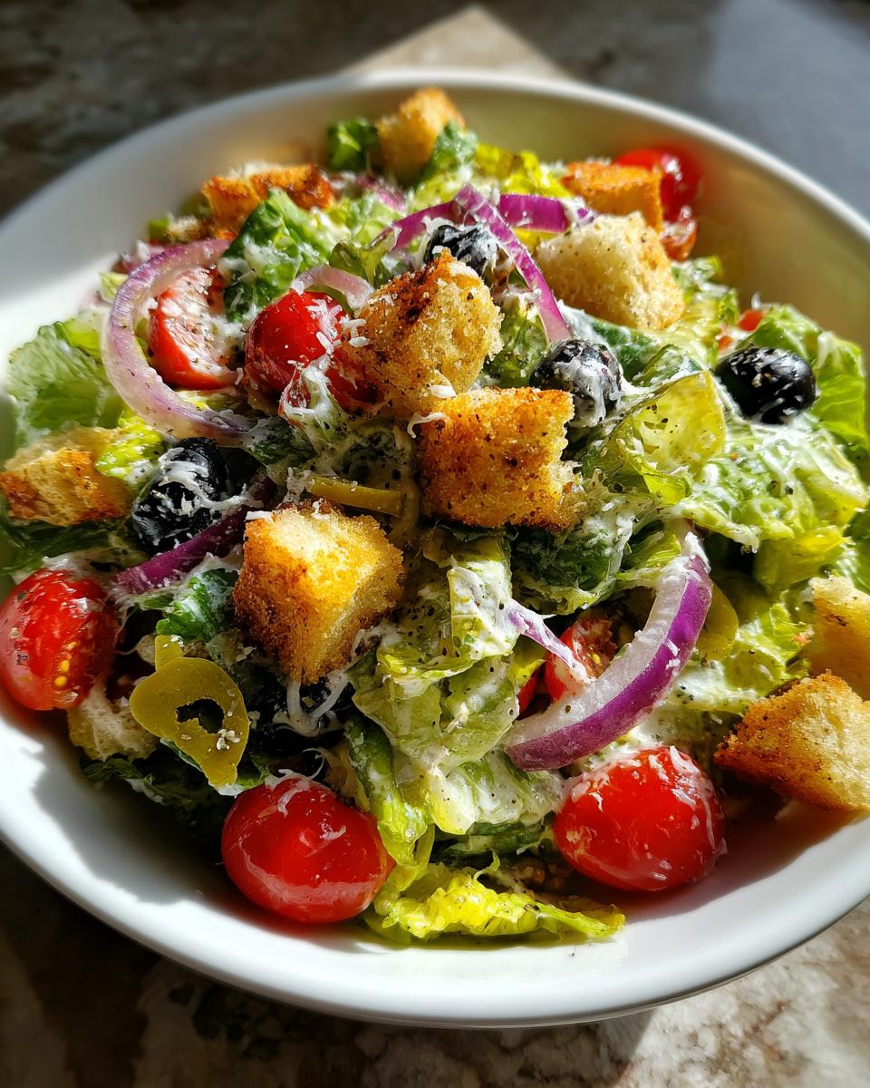 Close-up of a delicious Olive Garden Salad with lettuce, tomatoes, olives, and croutons.