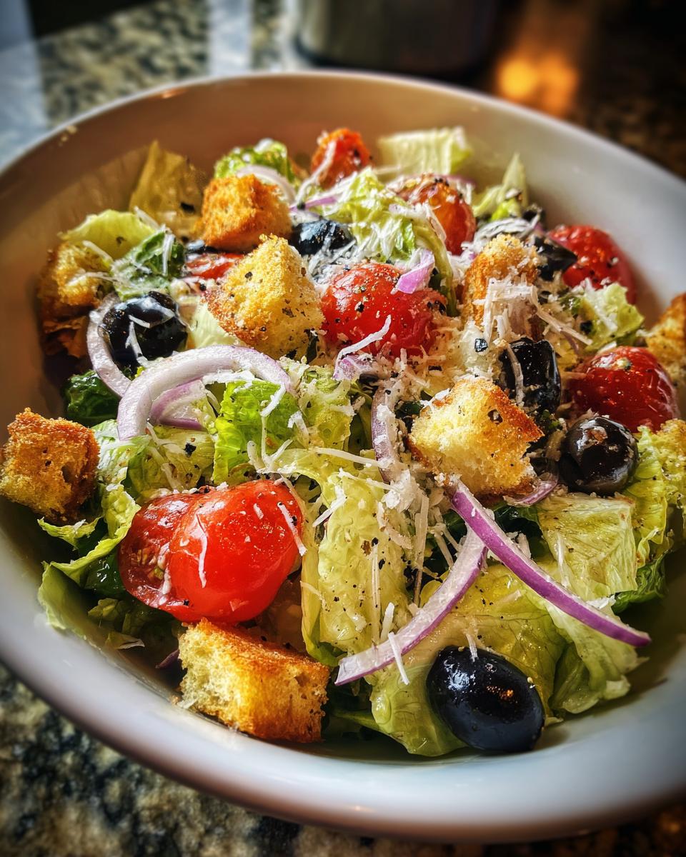 Close-up of a fresh Olive Garden Salad with lettuce, tomatoes, olives, croutons, and parmesan.