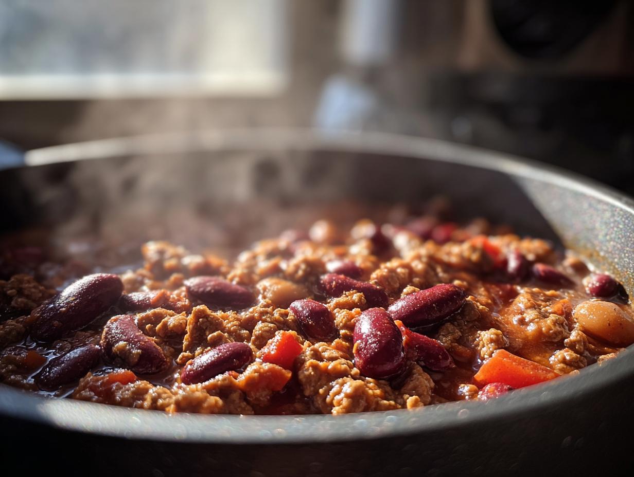 Close-up of a steaming pot of chili with kidney beans, perfect for One-Pot & Slow Cooker Wonders.