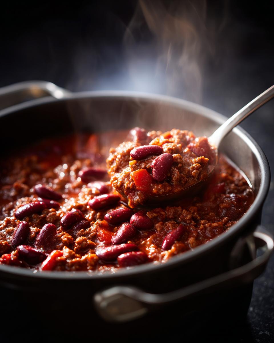 Close-up of a pot of steaming chili, a one-pot meal, with a spoonful being lifted out.