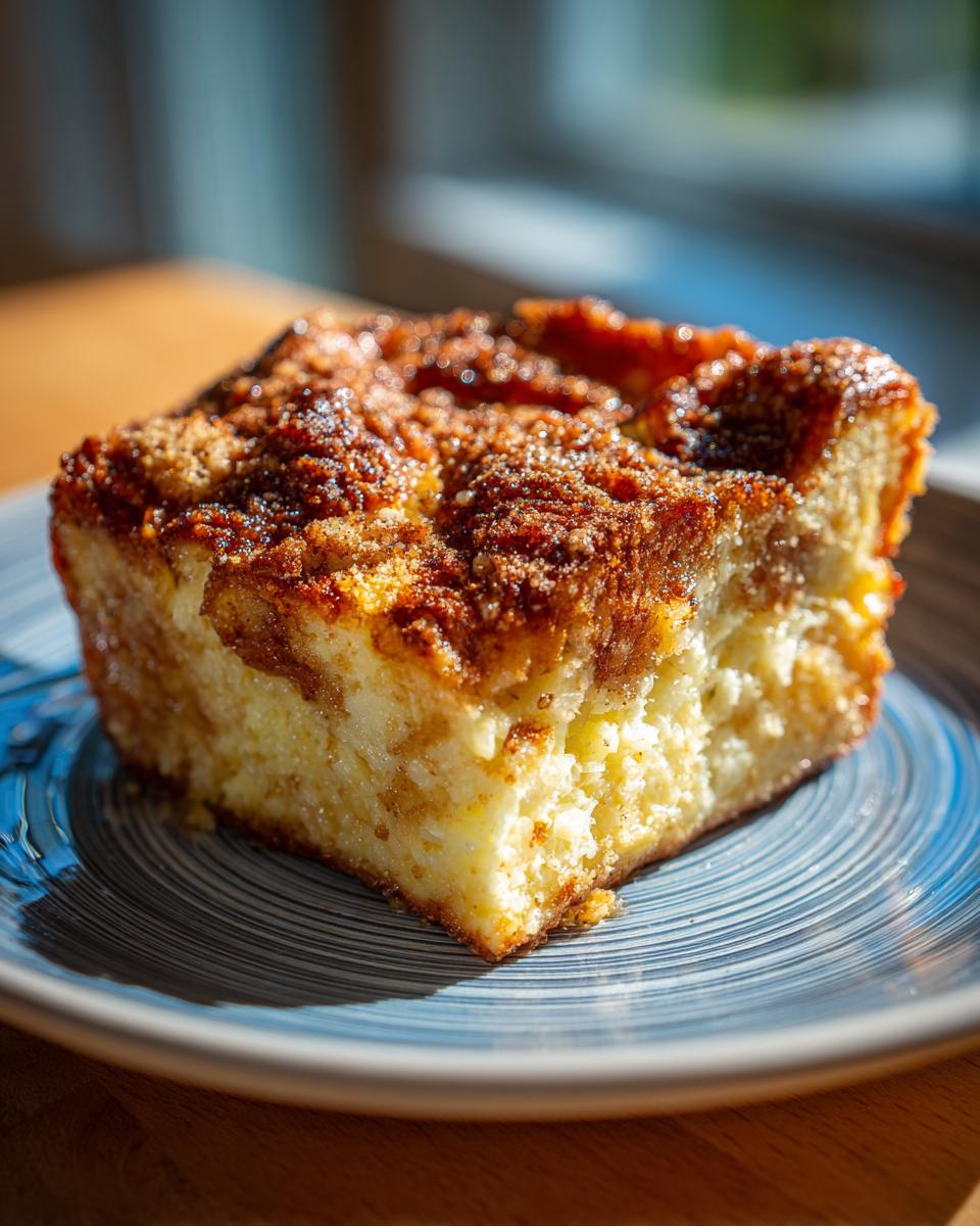 A slice of Overnight French Toast Casserole on a blue plate, showing the fluffy interior and golden crust.