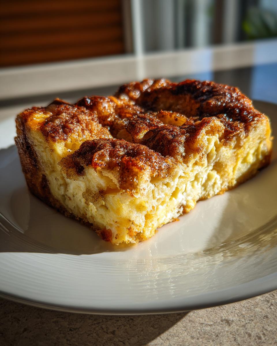 Close-up of a slice of Overnight French Toast Casserole on a white plate, golden brown and delicious.