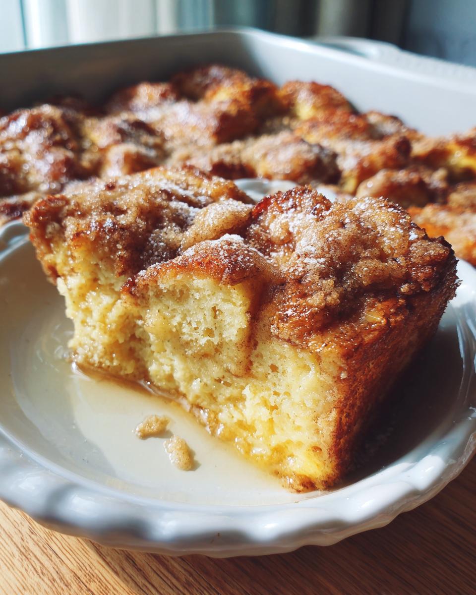 Close-up of a slice of Overnight French Toast Casserole on a plate with syrup.