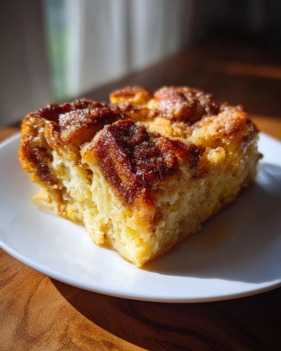 A single slice of Overnight French Toast Casserole on a white plate, golden brown and delicious.