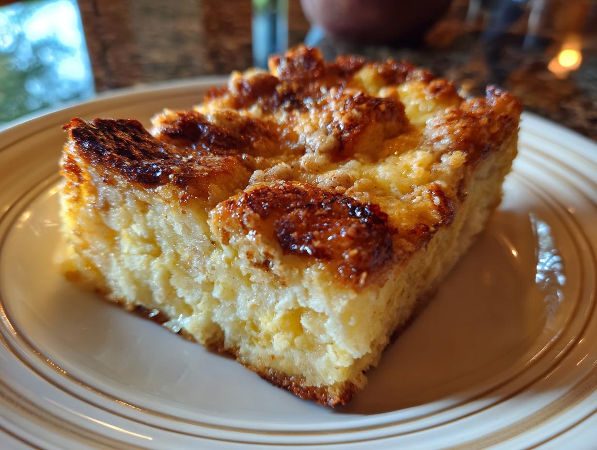 A slice of Overnight French Toast Casserole on a plate, showing a golden-brown crust and fluffy interior.