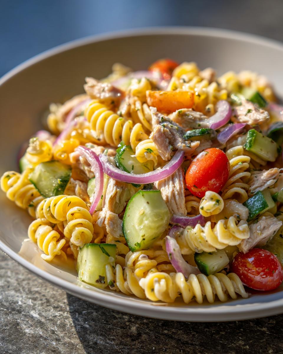 Close-up of a pasta salad and chicken dish with rotini pasta, tomatoes, cucumbers, and red onion.