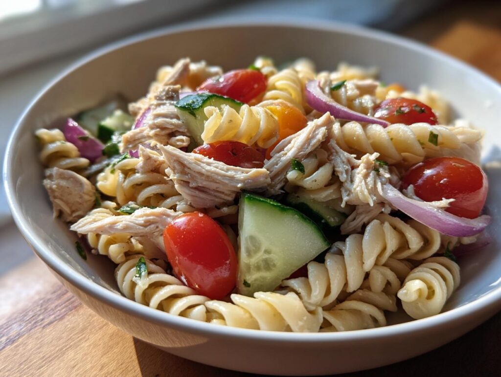 Close-up of a bowl of pasta salad and chicken with tomatoes, cucumber, and red onion.