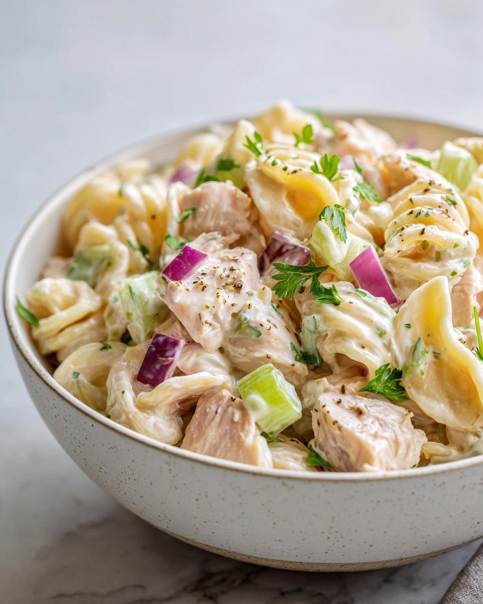 Close-up of a bowl filled with creamy pasta salad and chicken, with red onion and celery.