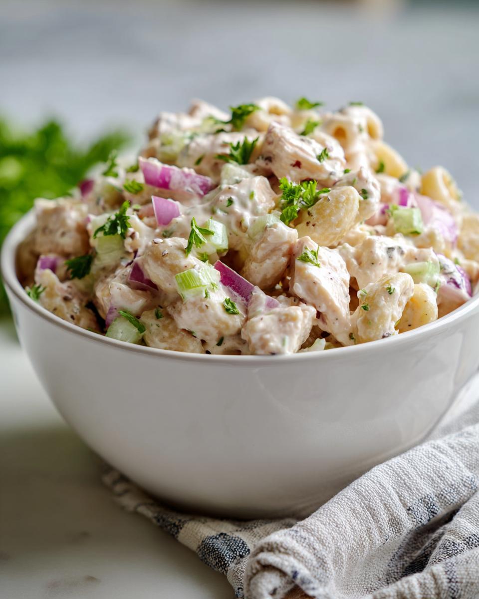 Close-up of a bowl of pasta salad and chicken with red onion and parsley. The pasta salad and chicken is creamy.