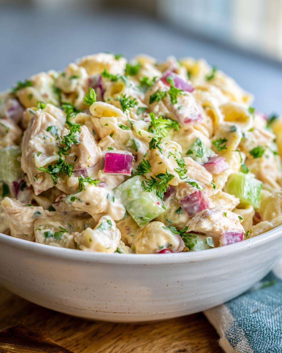 Close-up of a bowl of pasta salad and chicken with red onion and herbs. The pasta salad and chicken is creamy.