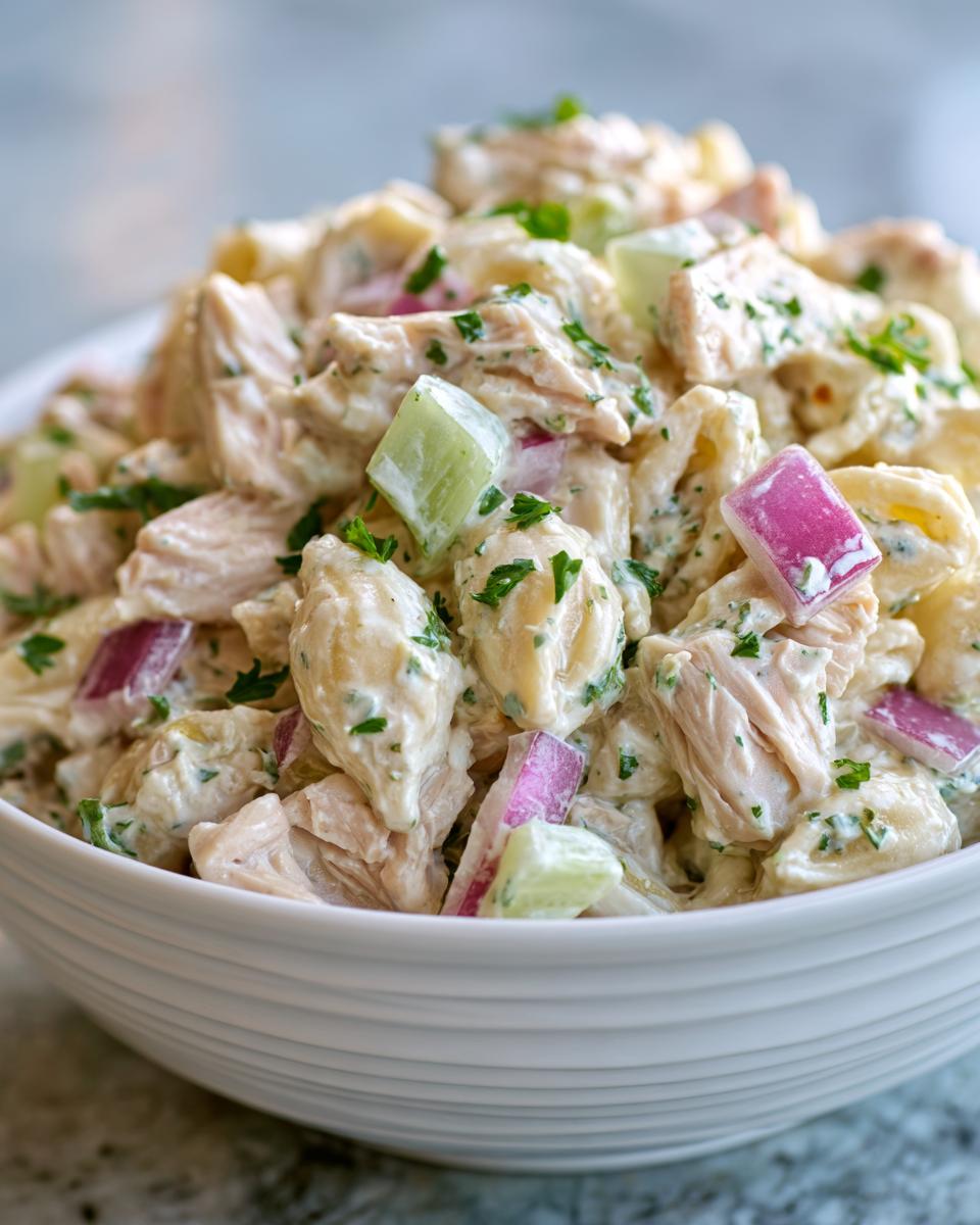 Close-up of pasta salad and chicken in a white bowl, with red onion, celery, and parsley.
