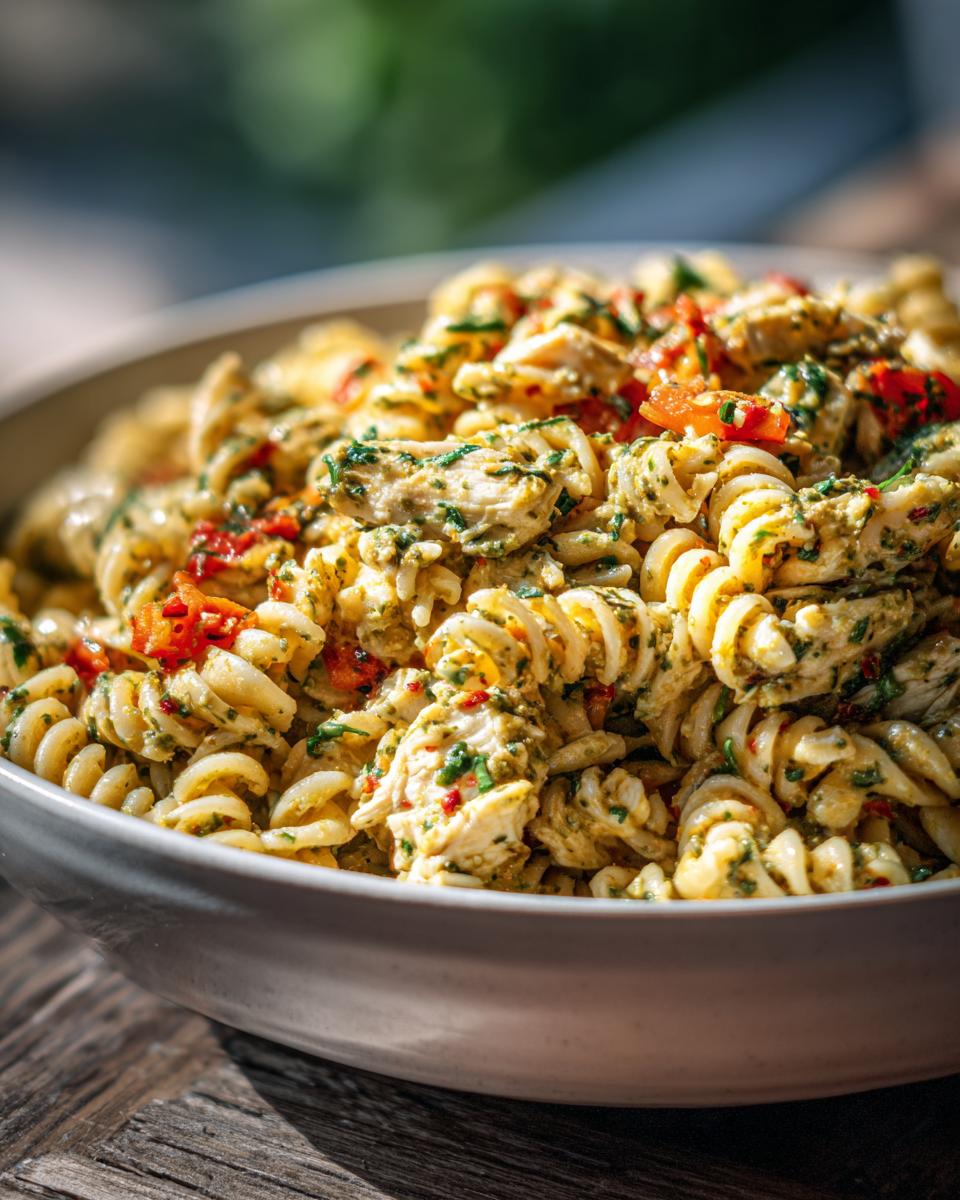 Close-up of a bowl filled with pasta salad and chicken, a delicious and easy meal.