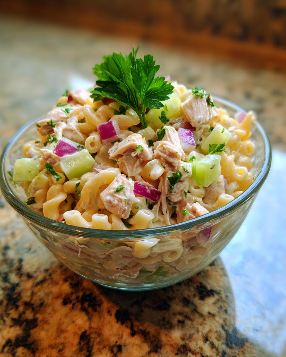 Close-up of a bowl of pasta salad and chicken with red onion and cucumber.
