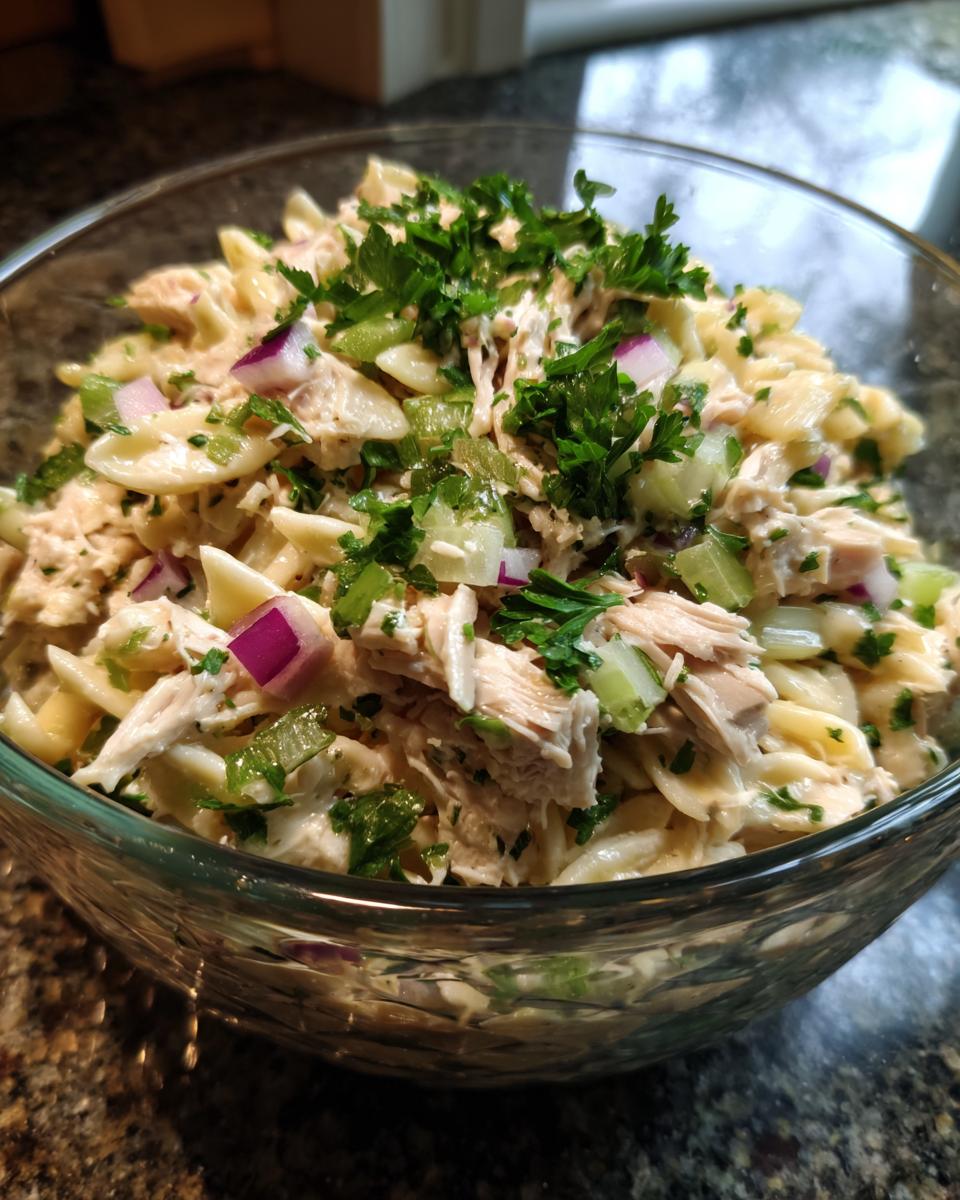 Close-up of pasta salad and chicken in a glass bowl, with parsley garnish; perfect for a quick meal.
