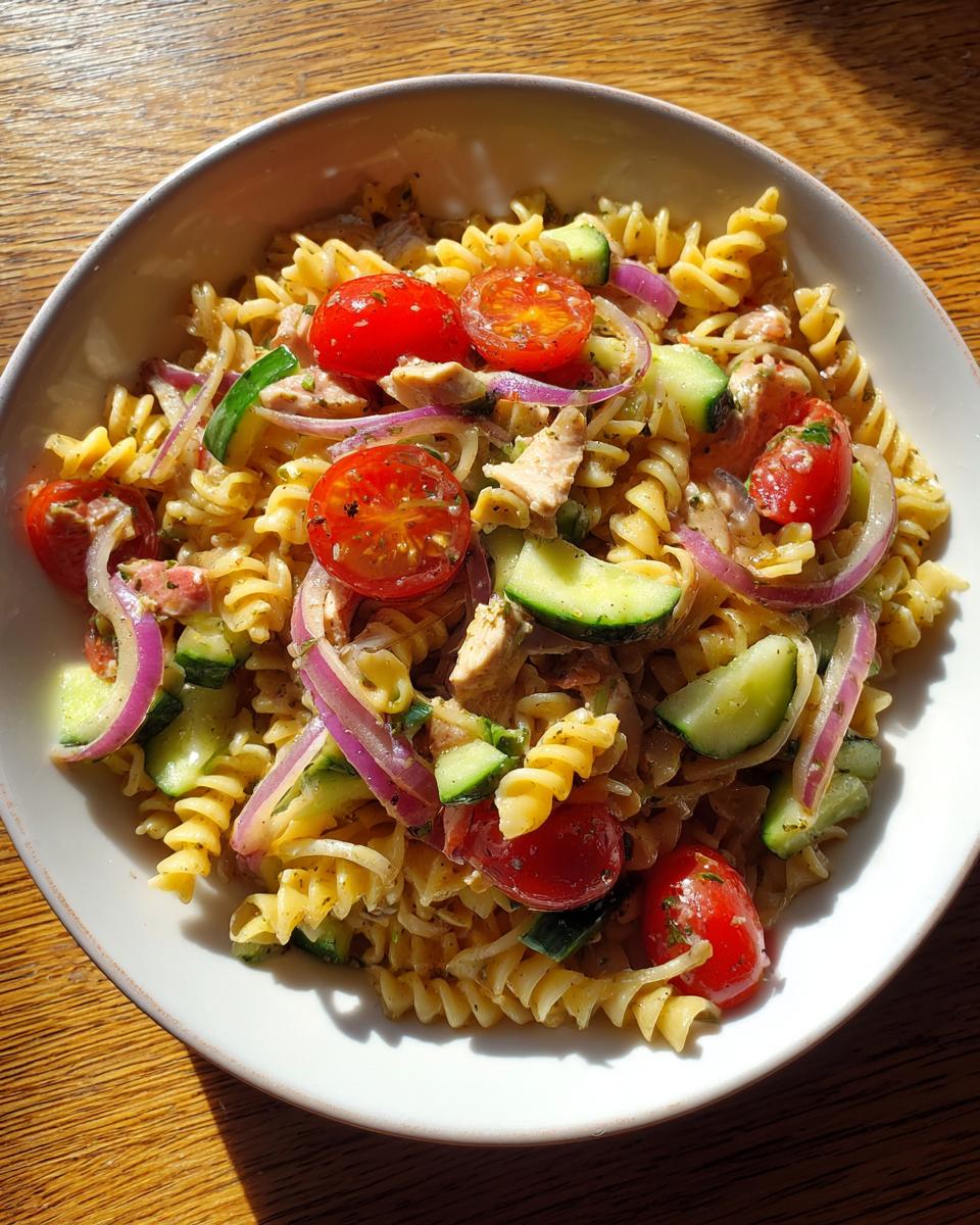 Pasta salad and chicken with tomatoes, cucumbers, and red onion in a white bowl.