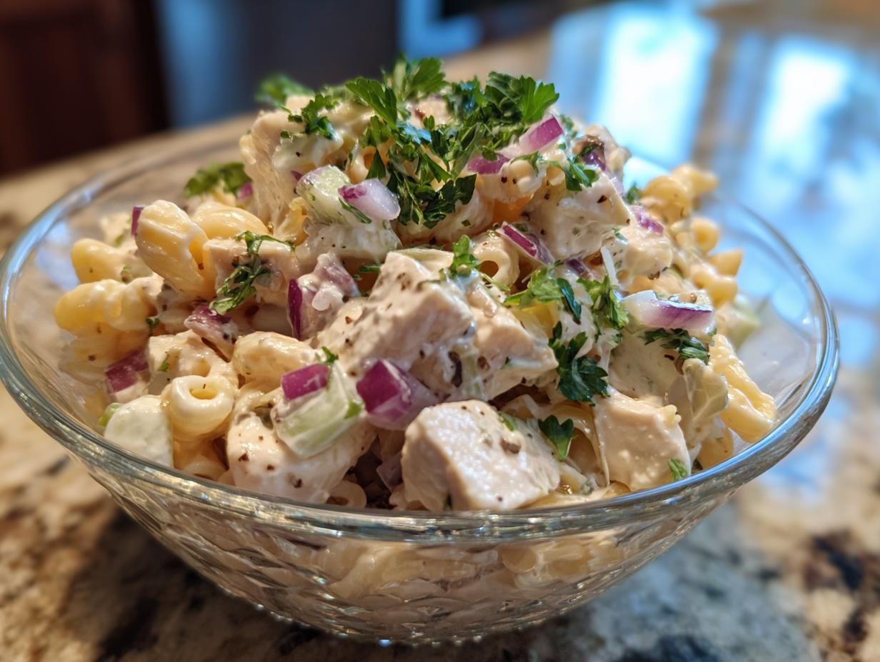 Close-up of pasta salad and chicken in a glass bowl, with red onion and fresh parsley.