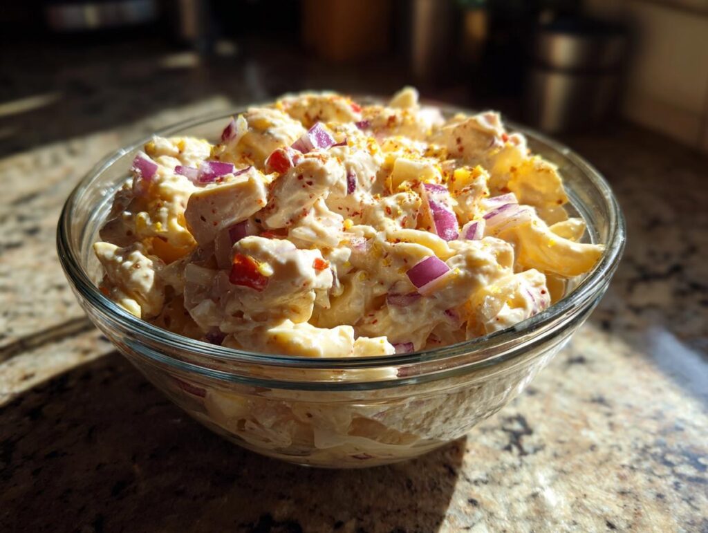 Close-up of a bowl of pasta salad and chicken, featuring macaroni, chicken, red onion, and a creamy dressing.