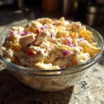 Close-up of a bowl of pasta salad and chicken, featuring macaroni, chicken, red onion, and a creamy dressing.