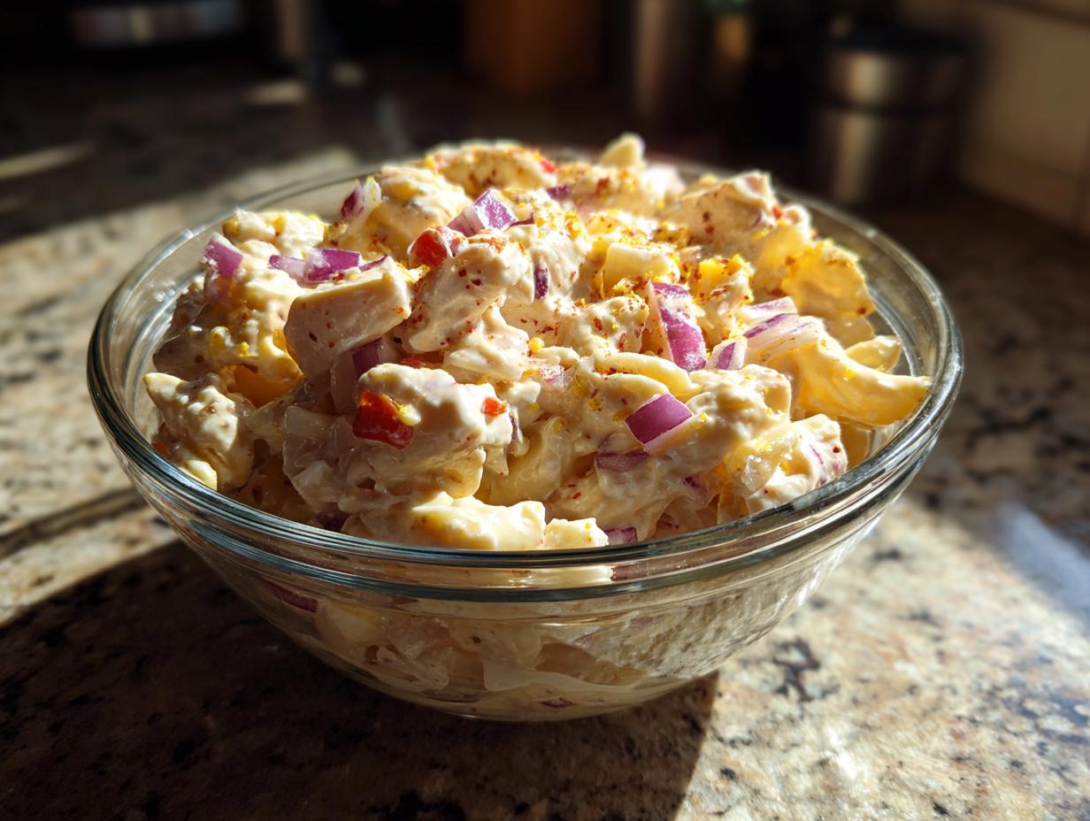 Close-up of a bowl of pasta salad and chicken, featuring macaroni, chicken, red onion, and a creamy dressing.