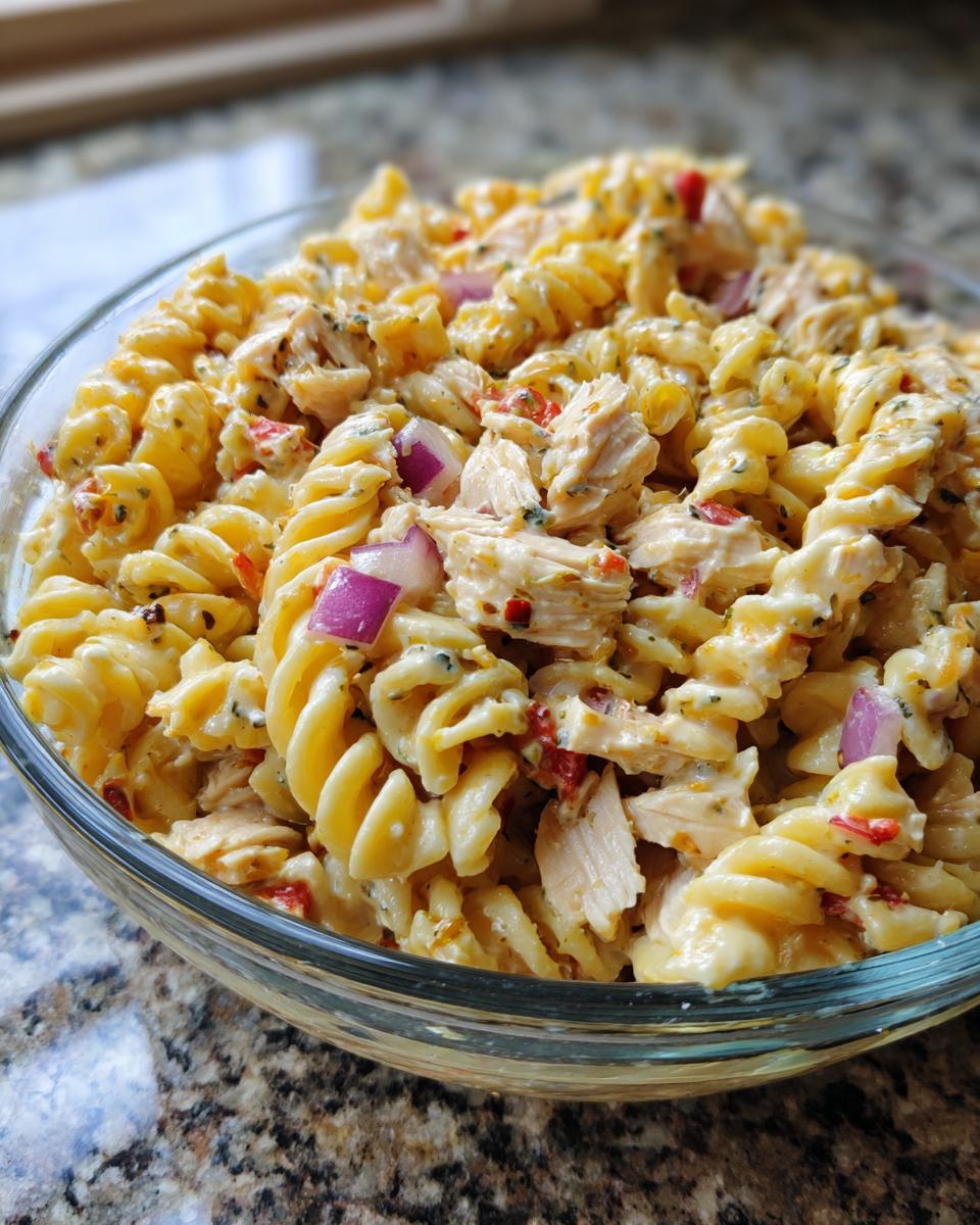 Close-up of a bowl filled with pasta salad and chicken, showing pasta, chicken pieces, and red onion.