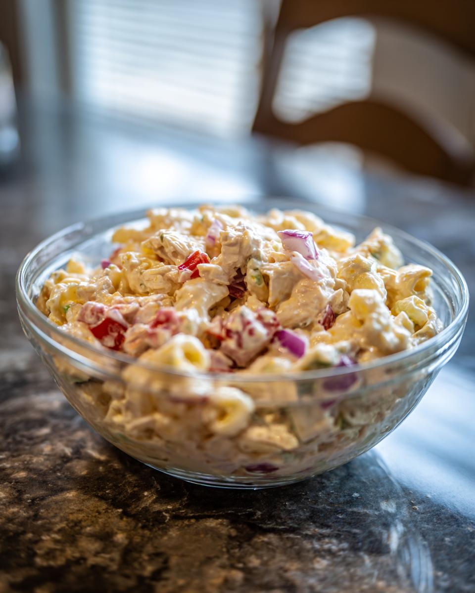 Close-up of a bowl of pasta salad and chicken with red onion and other vegetables.