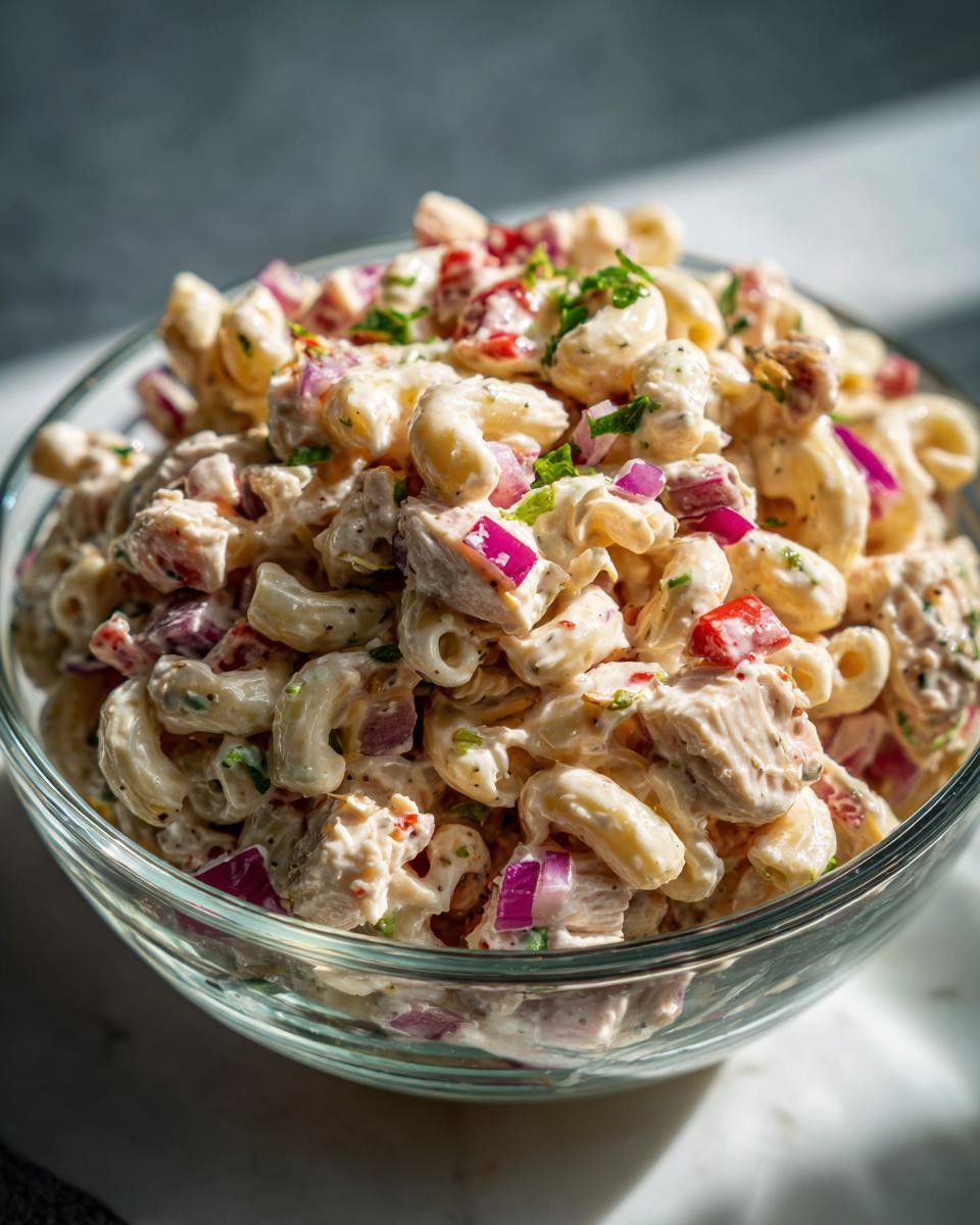 Close-up of a bowl of pasta salad and chicken with red onion and herbs. The pasta salad and chicken is creamy.