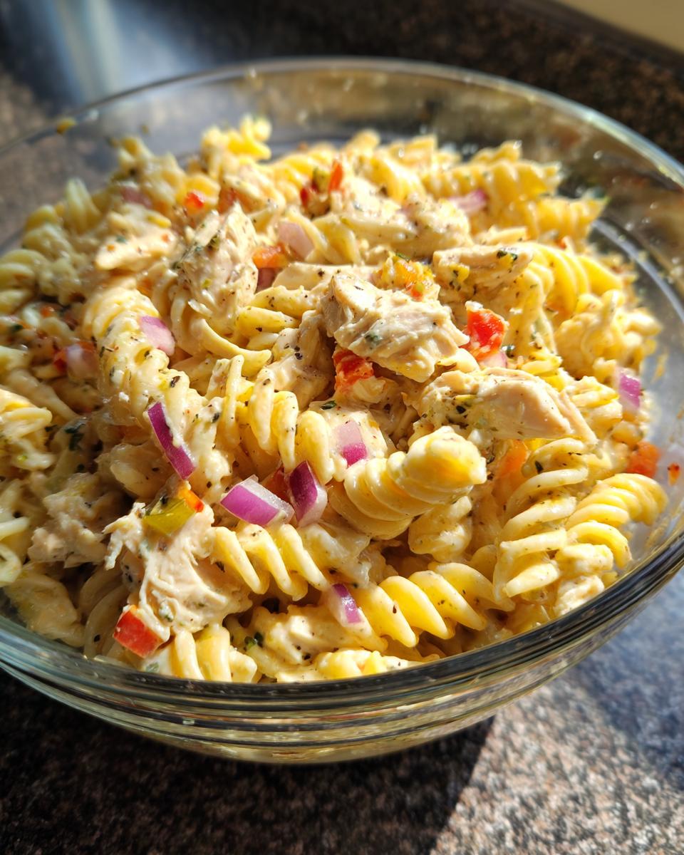 Close-up of pasta salad and chicken in a glass bowl, featuring rotini pasta, chicken, and vegetables.