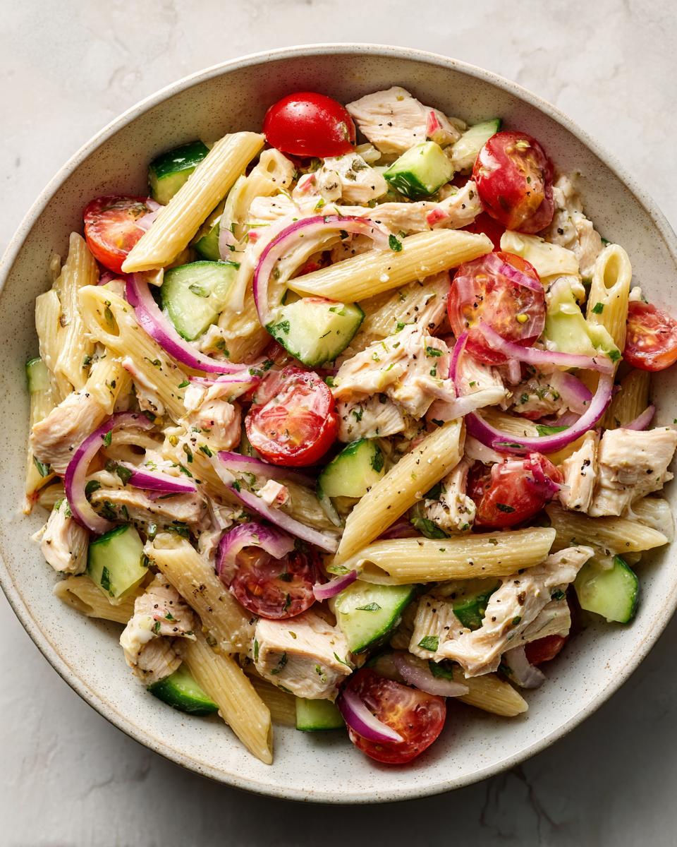 Overhead shot of a pasta salad and chicken bowl with penne pasta, tomatoes, cucumber, and red onion.