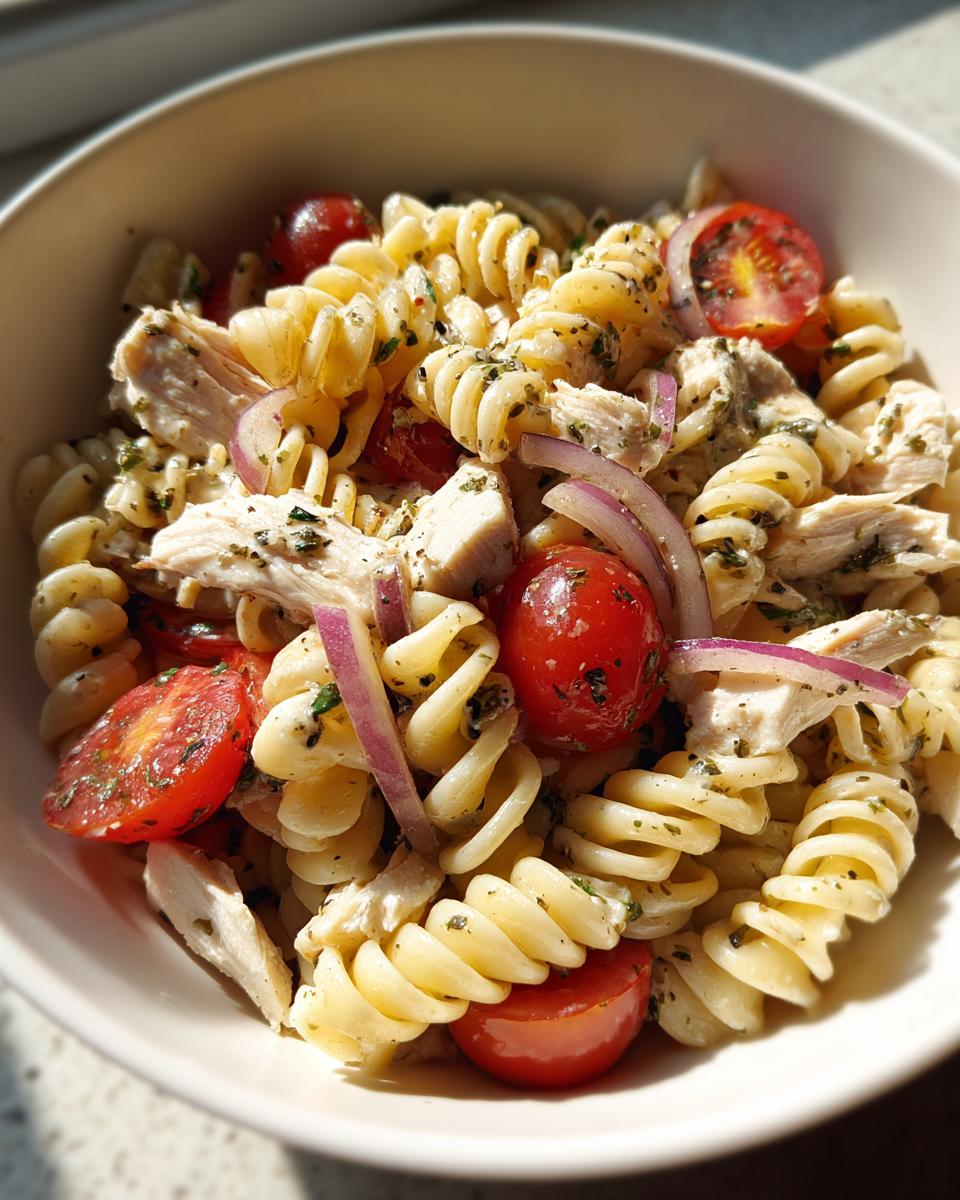 Close-up of a pasta salad and chicken bowl with tomatoes and red onion. This pasta salad and chicken is perfect for a quick meal.