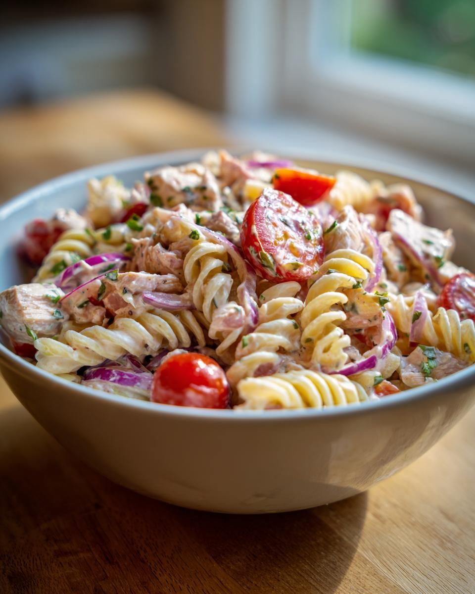 Close-up of a bowl of pasta salad and chicken with tomatoes and red onion. This pasta salad and chicken is perfect for a quick meal.