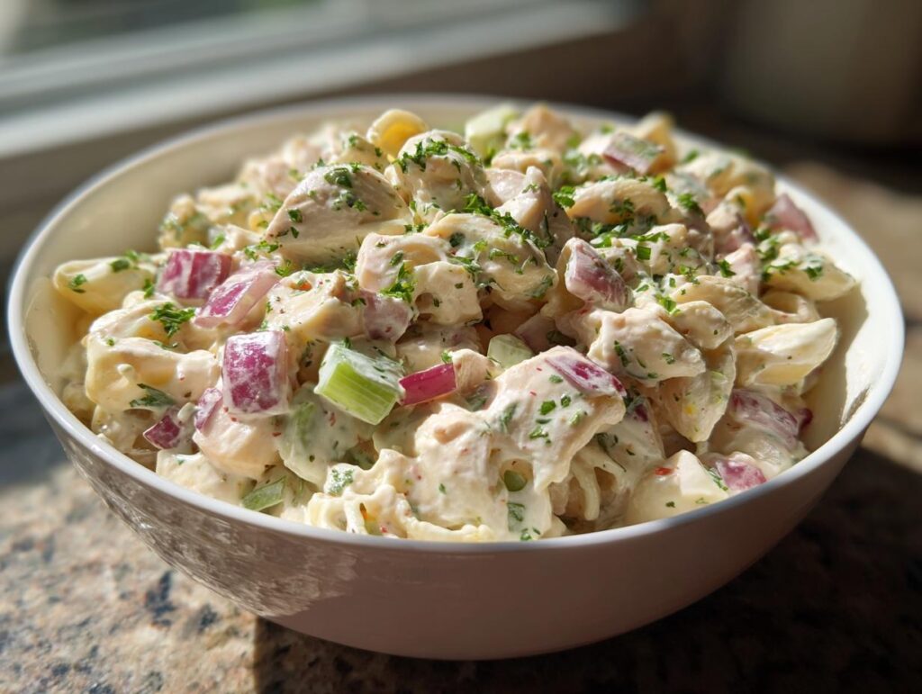Close-up of a bowl of pasta salad and chicken, with red onion, celery, and herbs.
