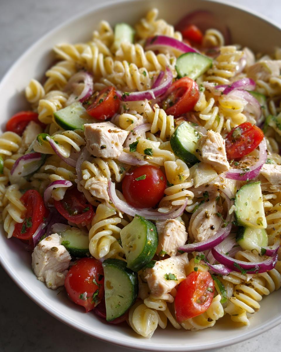 Pasta salad and chicken with tomatoes, cucumber, red onion, and herbs. The perfect pasta salad and chicken!