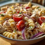 Close-up of a bowl of creamy pasta salad and chicken with tomatoes, red onion, and herbs.