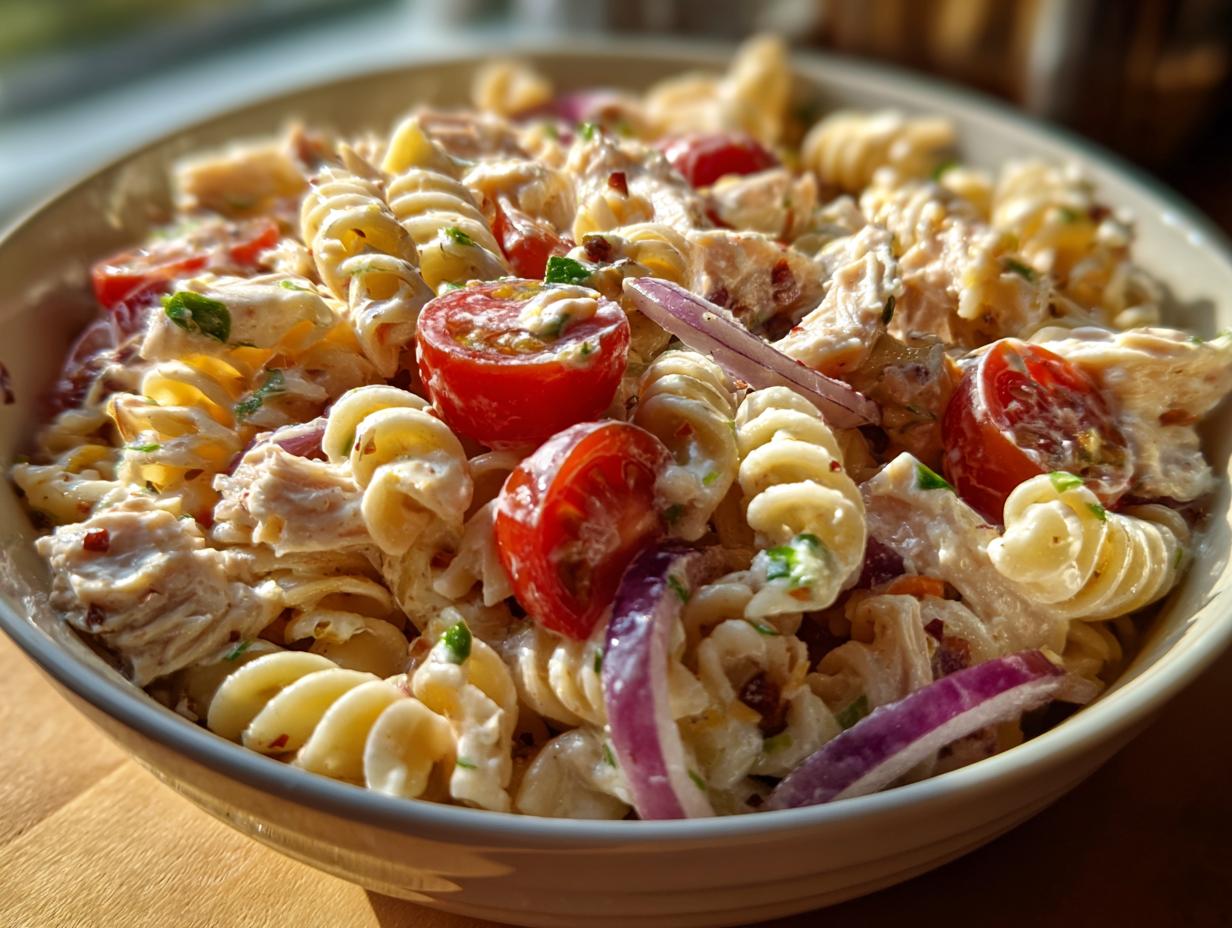 Close-up of a bowl of creamy pasta salad and chicken with tomatoes, red onion, and herbs.