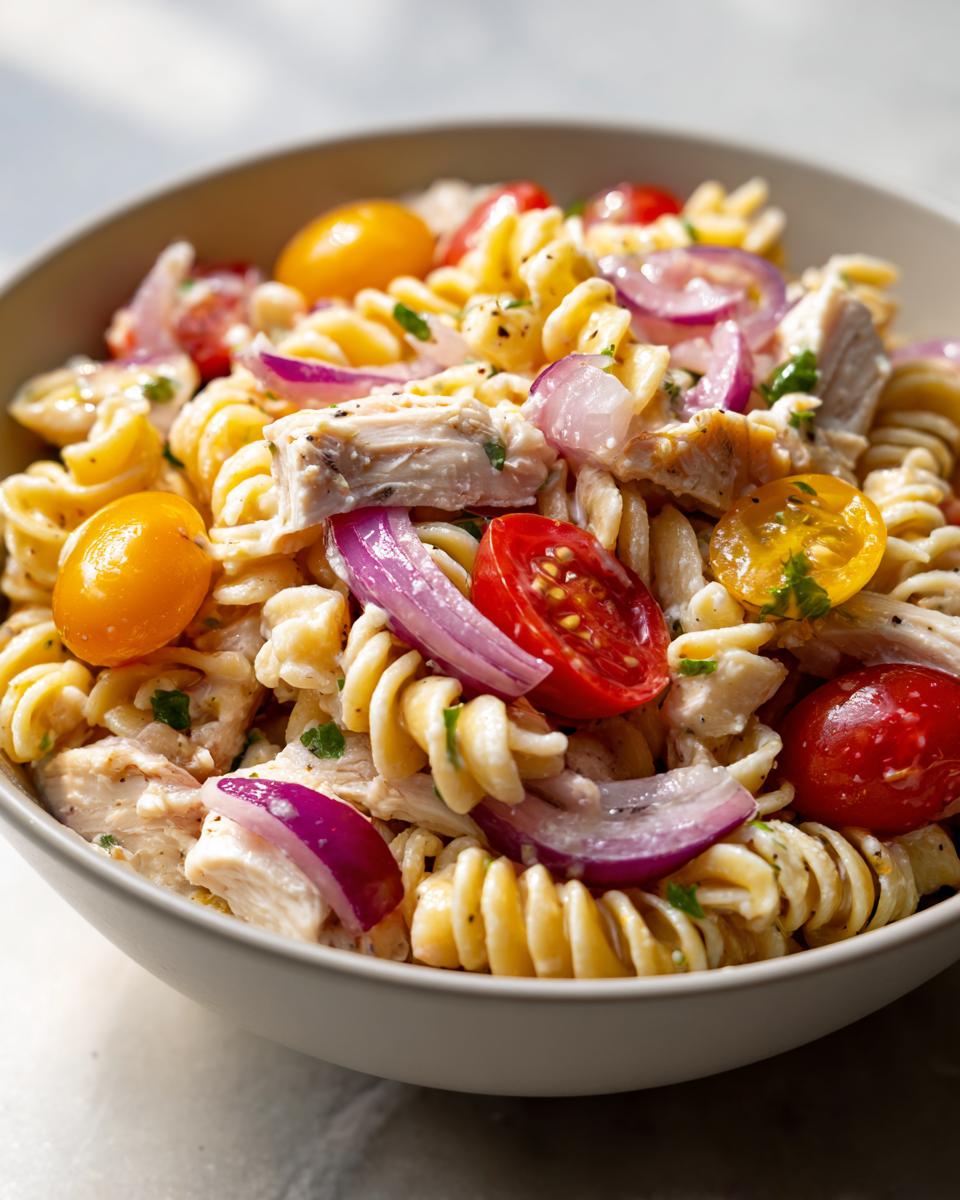Close-up of pasta salad and chicken with cherry tomatoes and red onions in a bowl. The dish is the pasta salad and chicken.