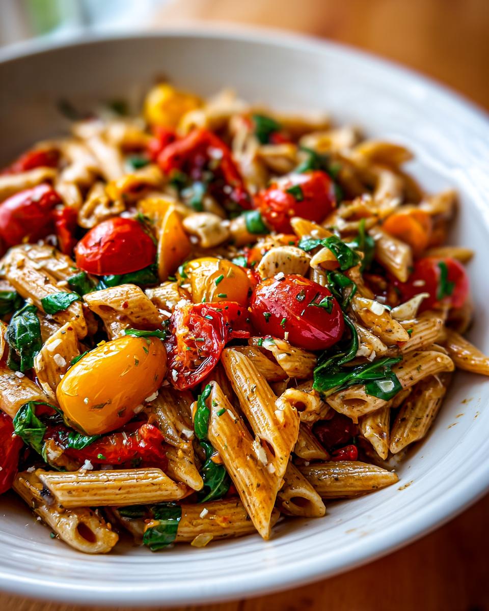 Close-up of a bowl of pasta salad and chicken with tomatoes and herbs. Delicious pasta salad and chicken.